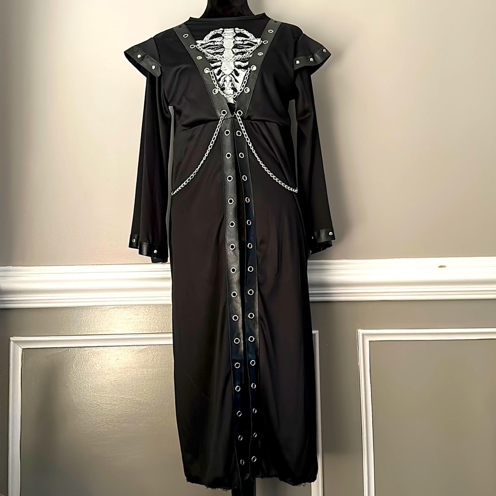 California Costume Black Skeleton Robe with chains and studs.